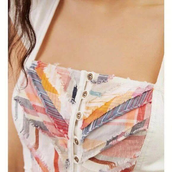 NWT Anthropologie Pilcro Cotton & Linen Multicolor Cropped Ruffle Open Back Tank - Picture 2 of 15